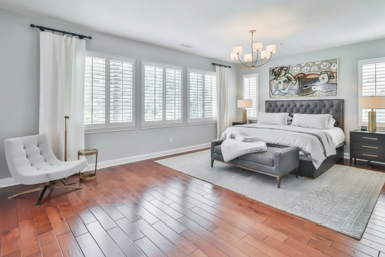 Bedroom with custom plantation shutters