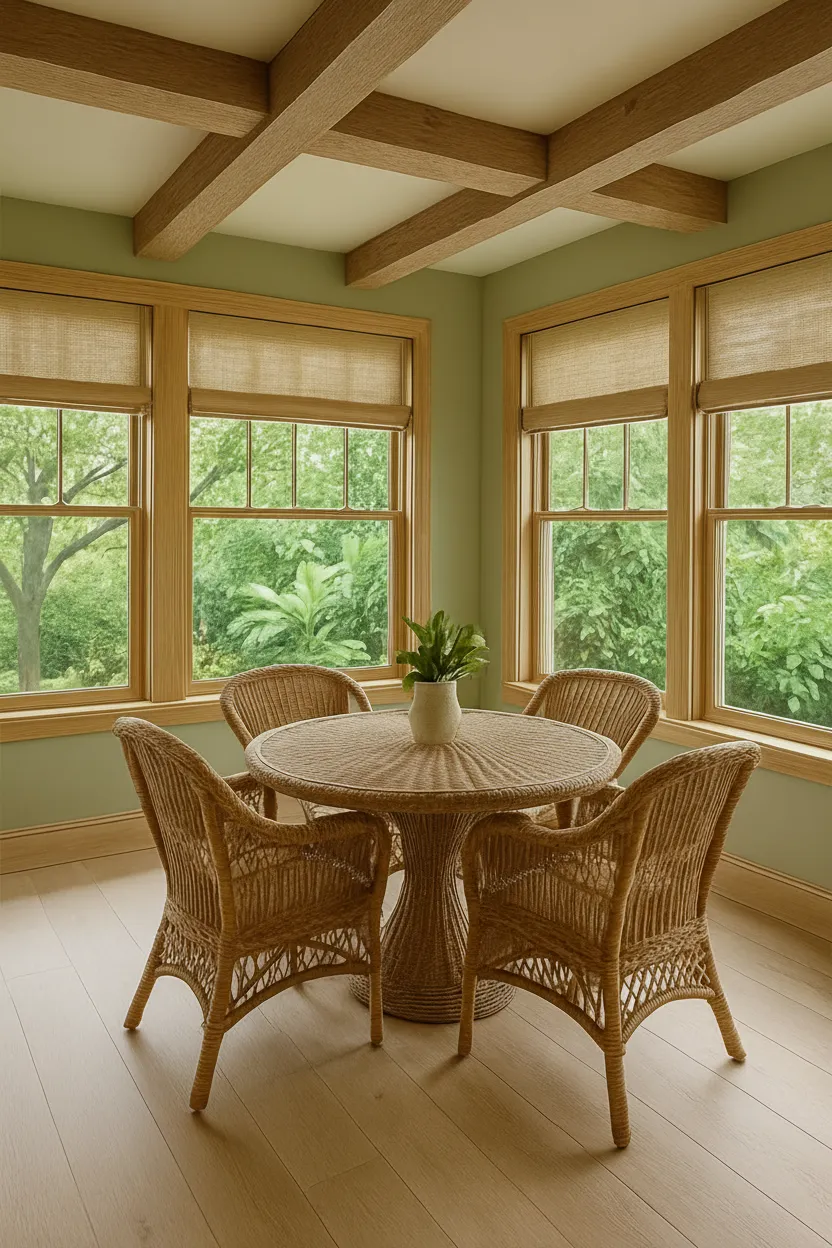 Dining room with woven wood shades
