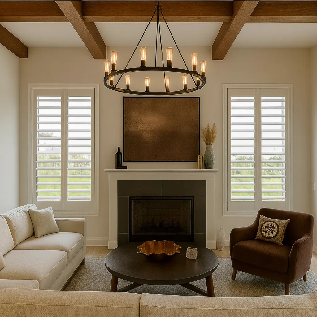 Living room plantation shutters by the fireplace