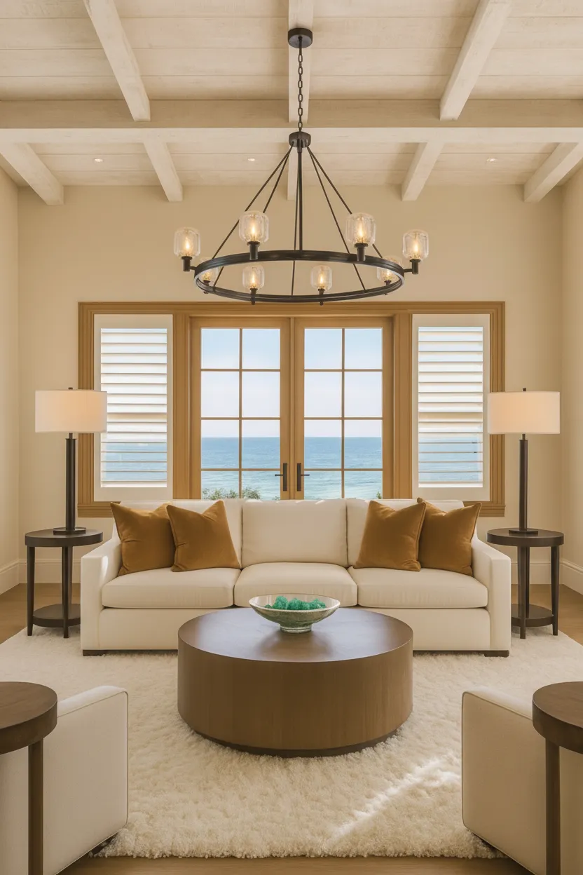 Living room with custom white plantation shutters